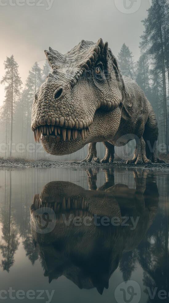 Majestic dinosaur stands by a reflective lake in a misty forest at dawn photo