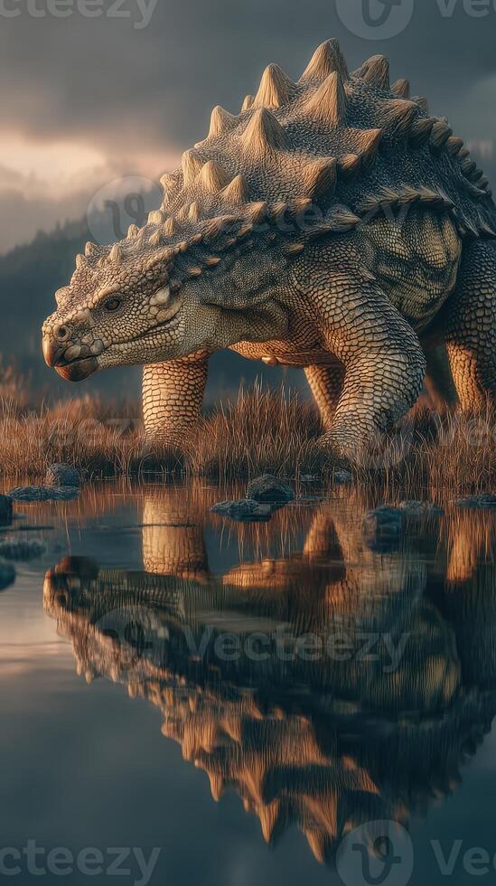 Dinosaur-like creature stands near tranquil water in a natural landscape during golden hour photo