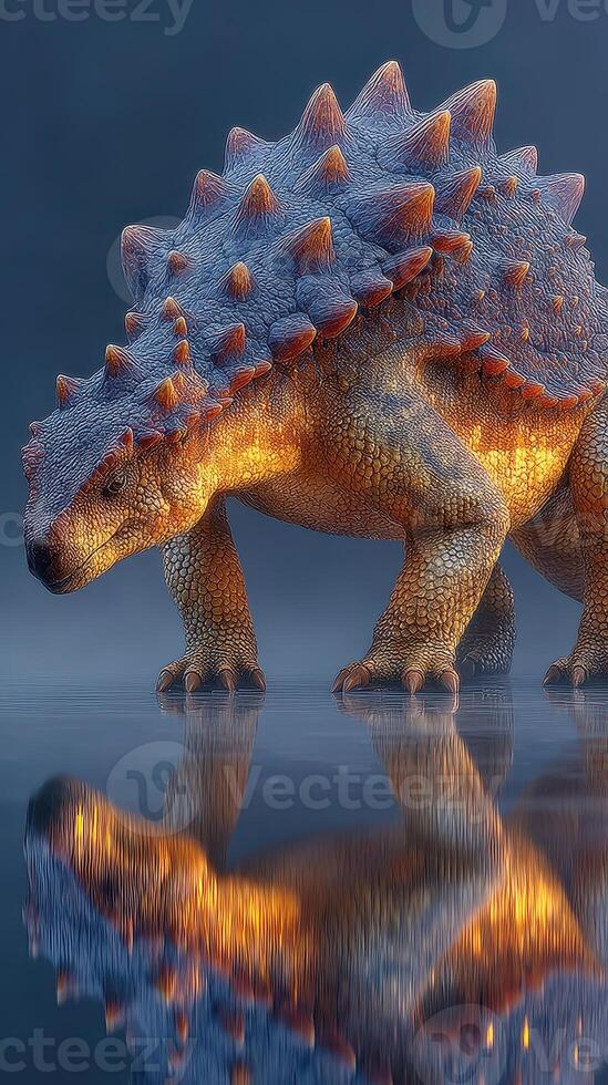 Dinosaur-like creature stands majestically near a reflective surface during a twilight setting photo