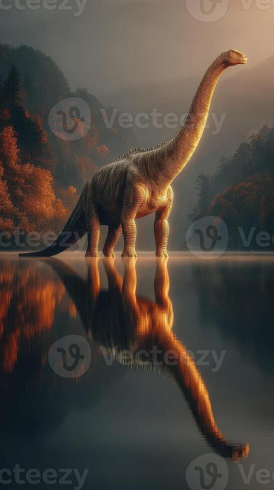 Large dinosaur stands majestically in tranquil water during a misty sunrise at a serene lake in a prehistoric landscape photo