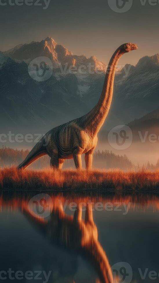 Massive dinosaur stands majestically by a tranquil lake at dawn with mountains in the background under a soft orange glow photo