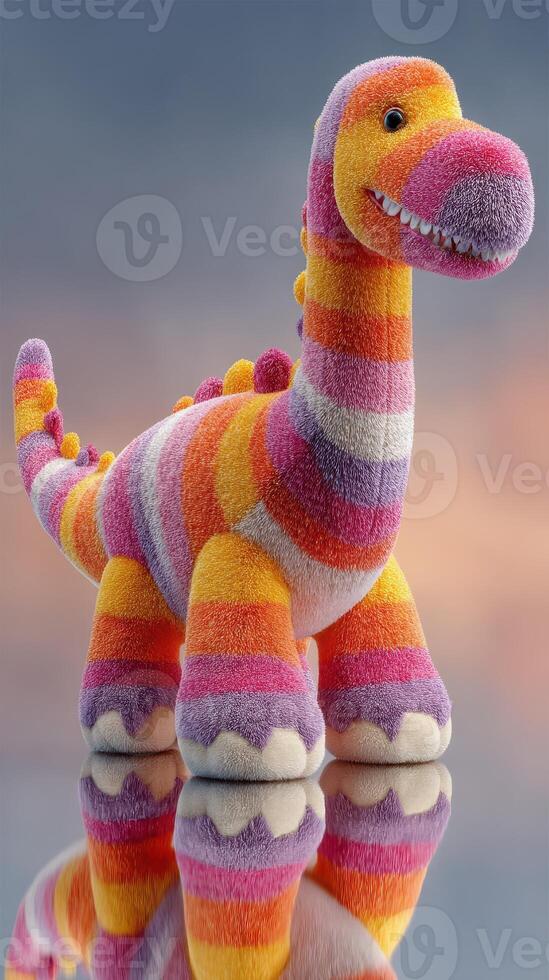 Colorful fluffy dinosaur toy standing on a reflective surface with a dreamy background in bright pastel colors photo