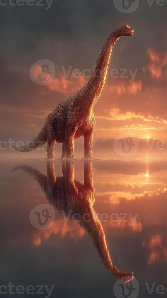 Majestic dinosaur stands in calm waters during sunset with reflection on the serene surface photo