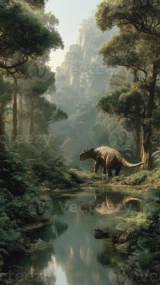 Dinosaur exploring a lush forest near a tranquil stream during the early morning light photo