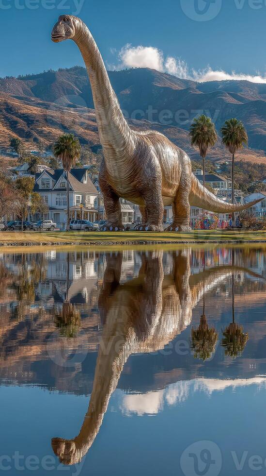 Giant dinosaur sculpture reflecting in calm water with beautiful mountains in the background photo