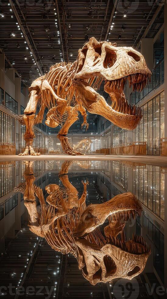 Large dinosaur skeleton displayed in a modern museum with reflective floor during daylight photo