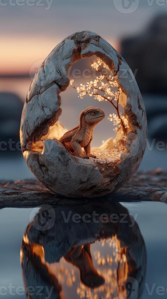 Tiny lizard emerges from a beautifully carved egg with delicate flowers by a tranquil lake at sunset photo