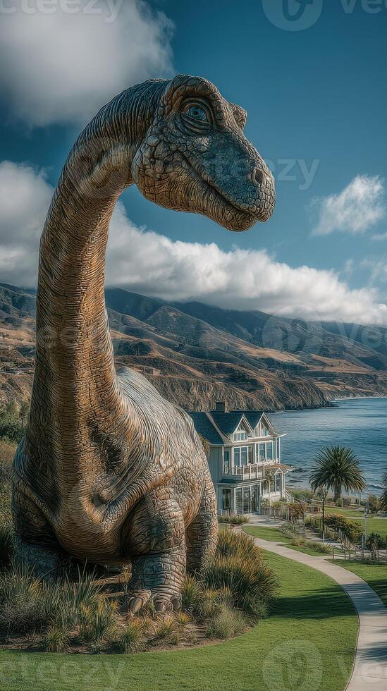 Giant dinosaur statue overlooks coastal landscape with stunning mountains in the backdrop photo