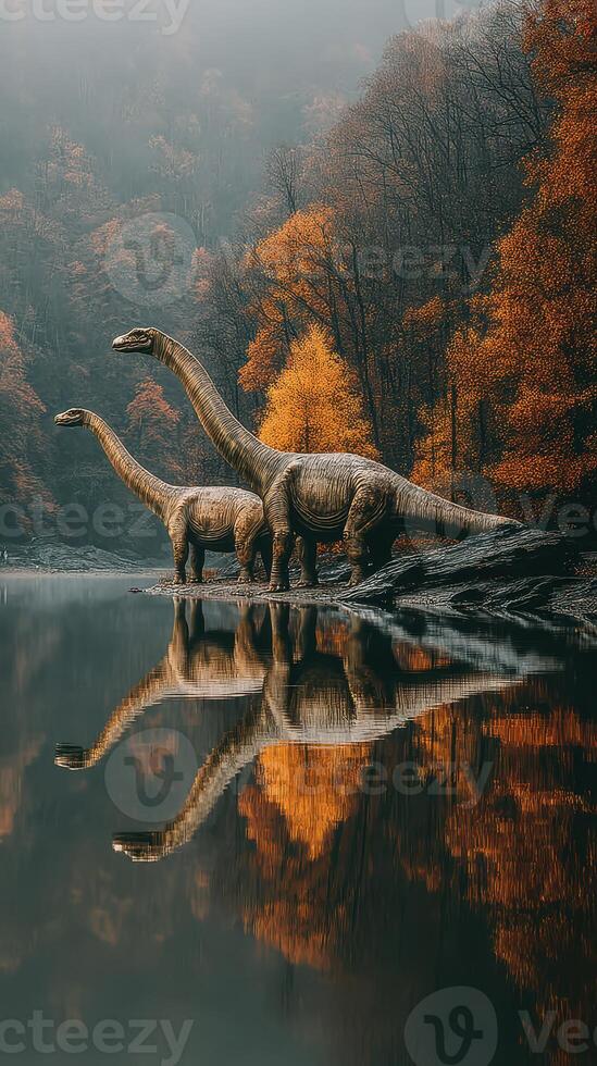 Dinosaurs wander near a tranquil lake surrounded by autumn trees at dawn photo
