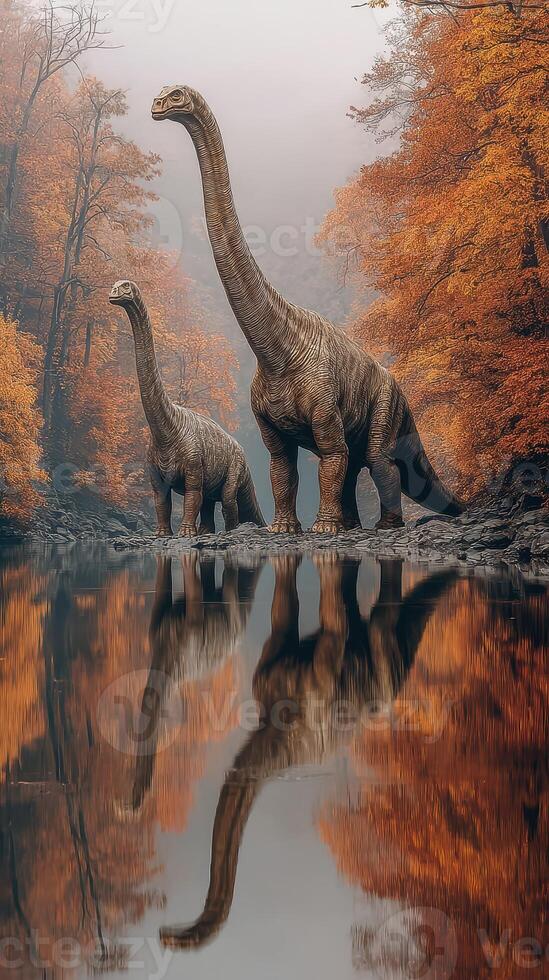Dinosaurs wade through an autumn forest with reflections in a serene river during early morning light photo
