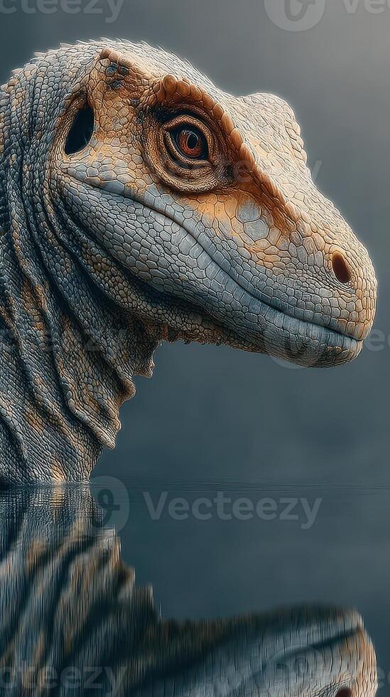 Lifelike dinosaur sculpture emerging from serene water surface reflecting details of prehistoric creature photo