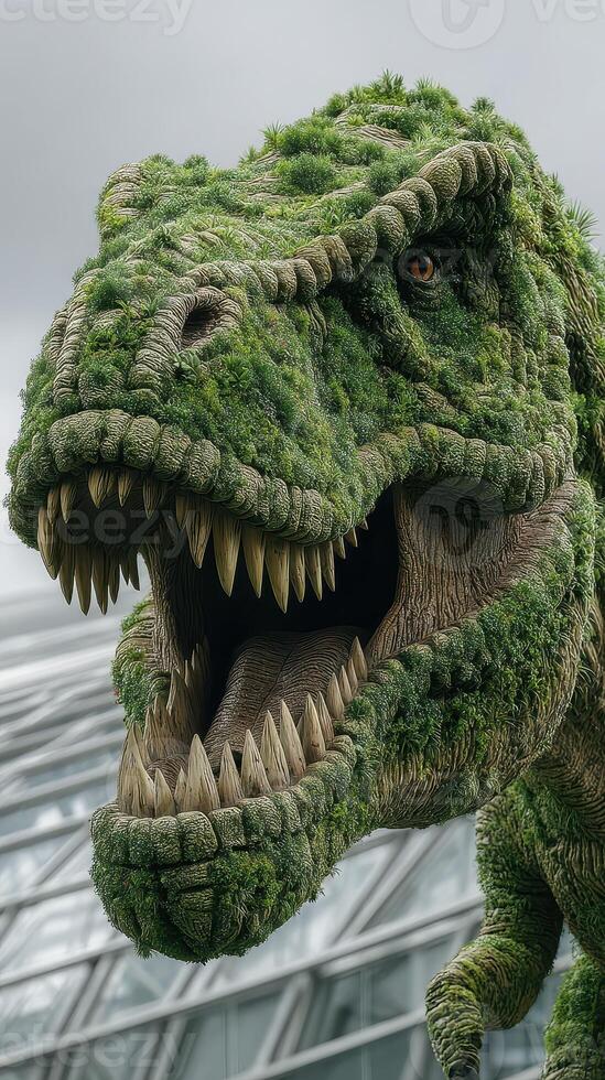 Giant dinosaur sculpture covered in greenery showcases nature's power in urban setting photo