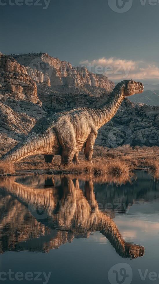 Dinosaur standing near a tranquil pond at sunset surrounded by rugged mountains and reflected in still water photo