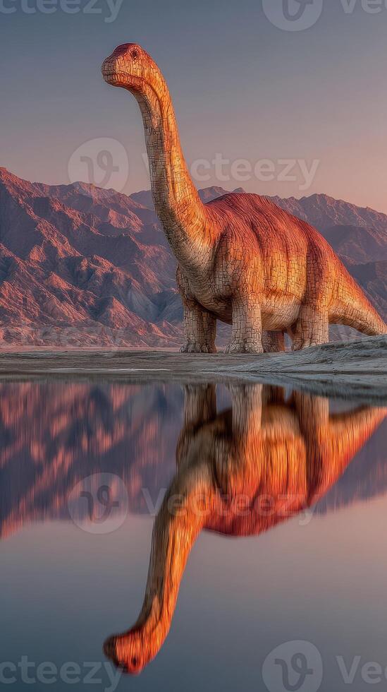 Massive dinosaur statue by a reflective water body against a stunning mountain backdrop during sunset hours photo