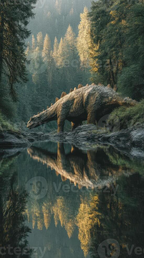 Life-like dinosaur sculpture near a serene river surrounded by lush forests during early morning light photo