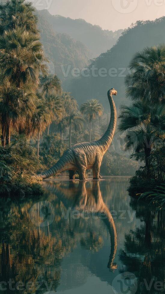 Brontosaurus stands gracefully by a serene lake surrounded by lush vegetation during early morning light photo