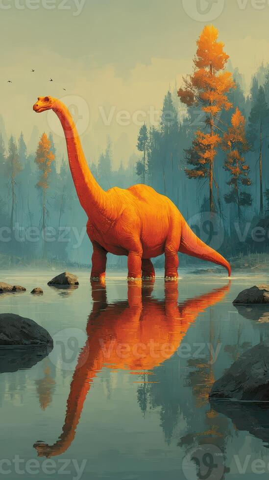 Orange dinosaur wades through calm water amidst autumn trees at dawn in a tranquil landscape photo