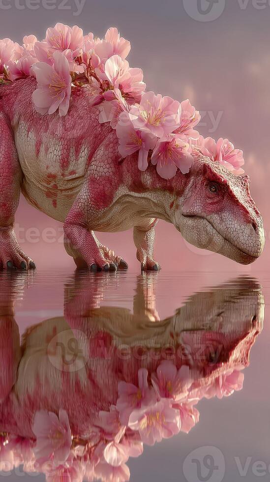 Colorful dinosaur stands in shallow water surrounded by blooming flowers at sunset in a surreal landscape photo