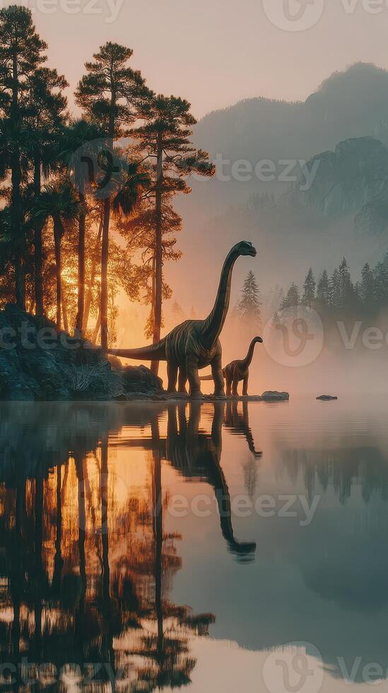 Dinosaurs drinking water near a misty lake at sunrise in a prehistoric forest photo