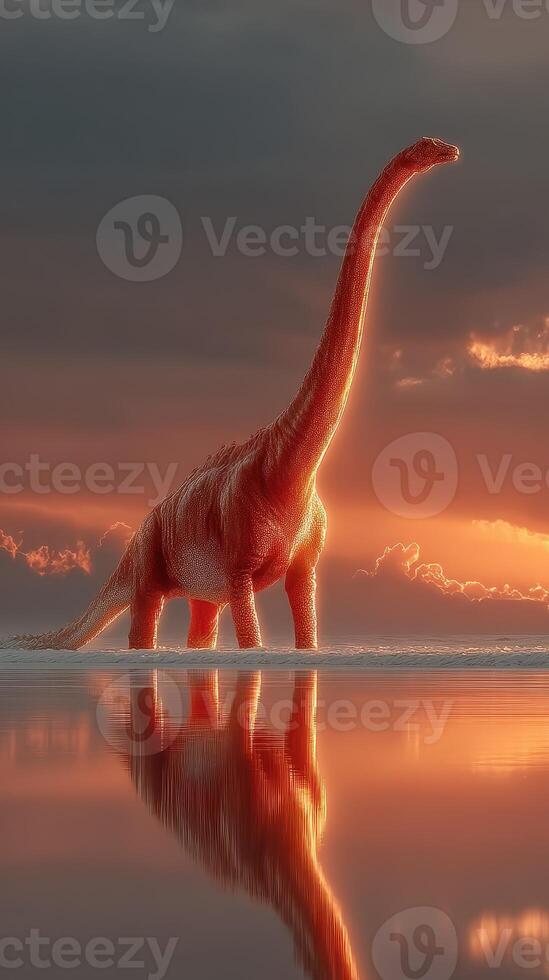 Dinosaur stands majestically in sunset-lit water reflecting the vibrant sky photo