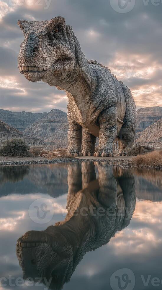 Giant dinosaur standing beside a calm lake at dusk with dramatic clouds in the sky photo