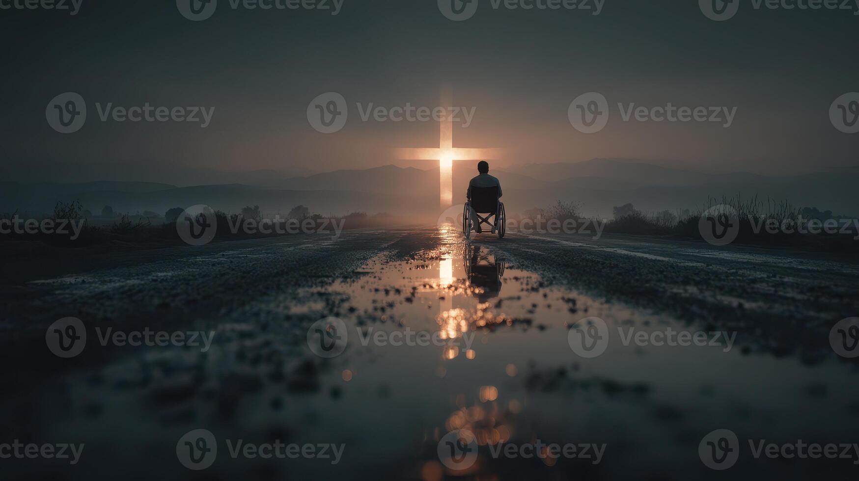 Man in wheelchair reflects on faith beside glowing cross during twilight in a peaceful landscape photo
