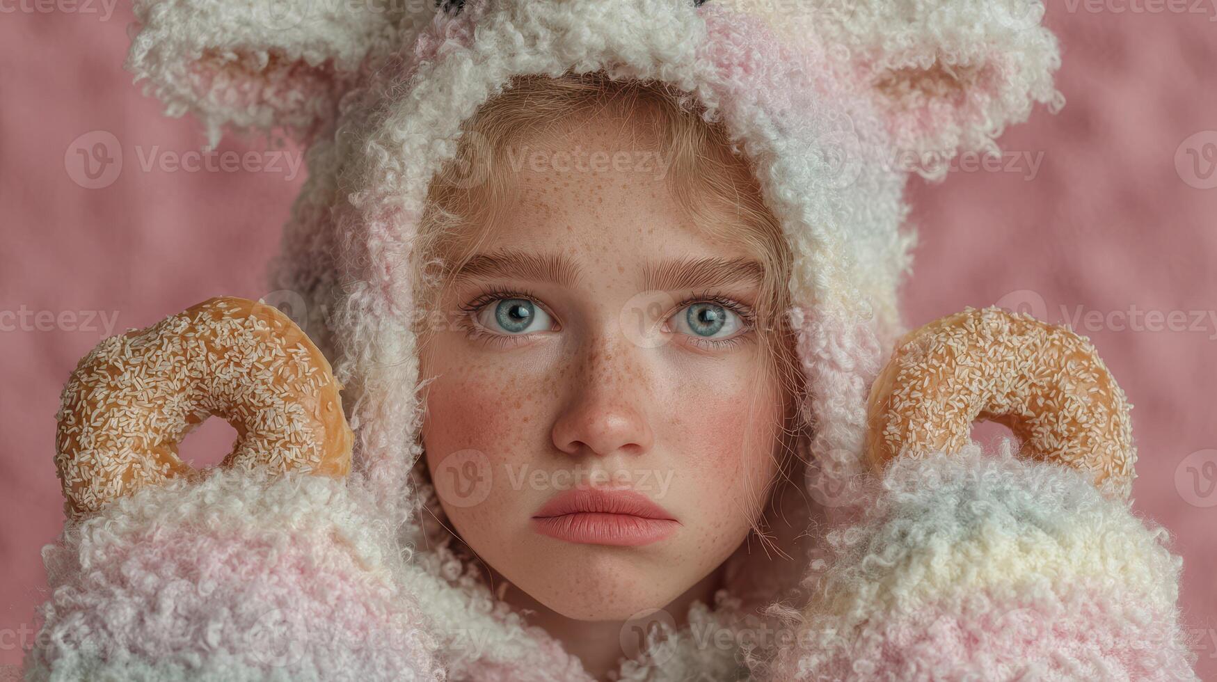 Child wearing a cozy animal hoodie holds donuts against a pink background during a cheerful moment photo