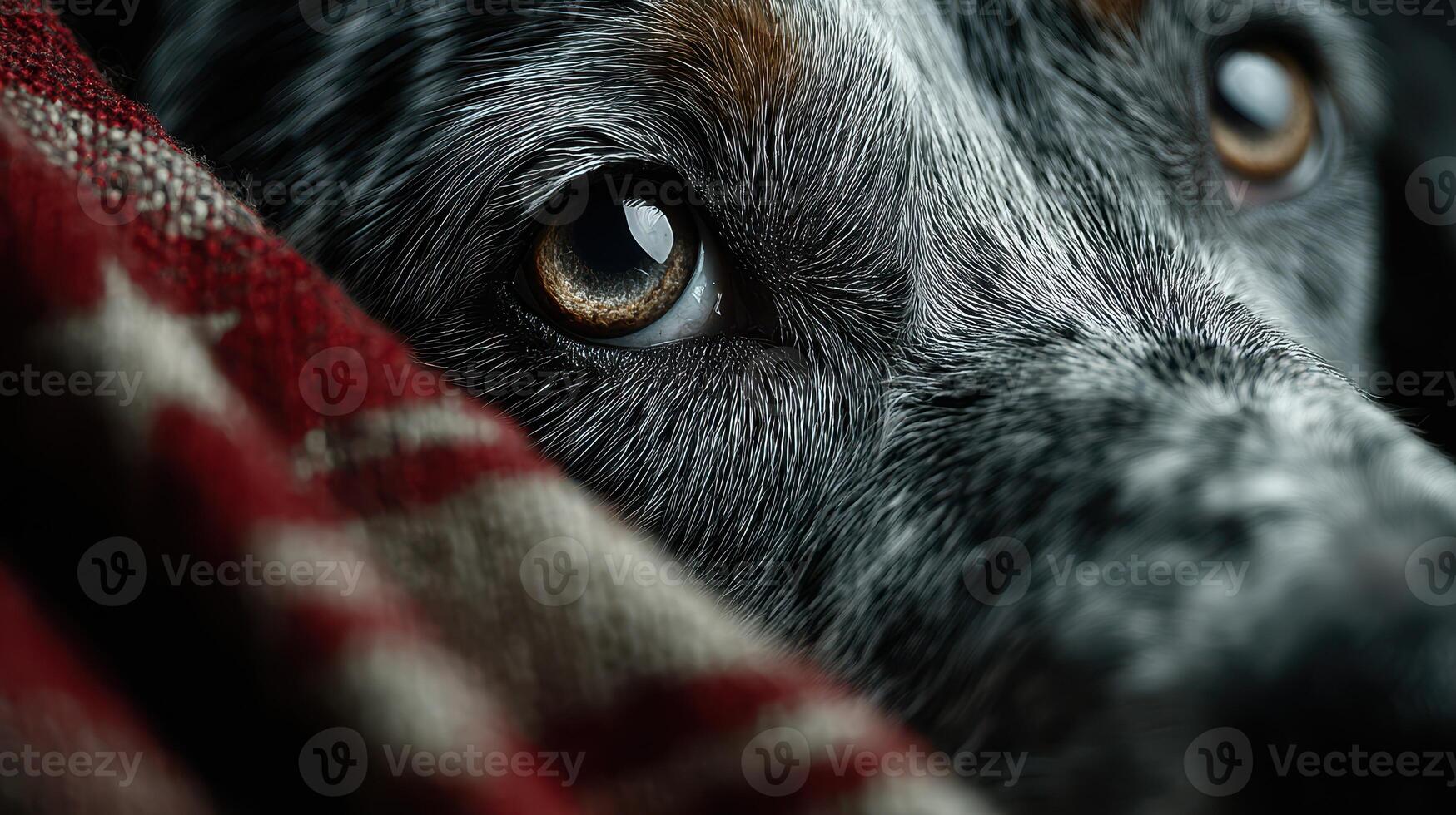 Close-up of a dog's expressive eye peeking from a cozy blanket during a quiet evening at home photo