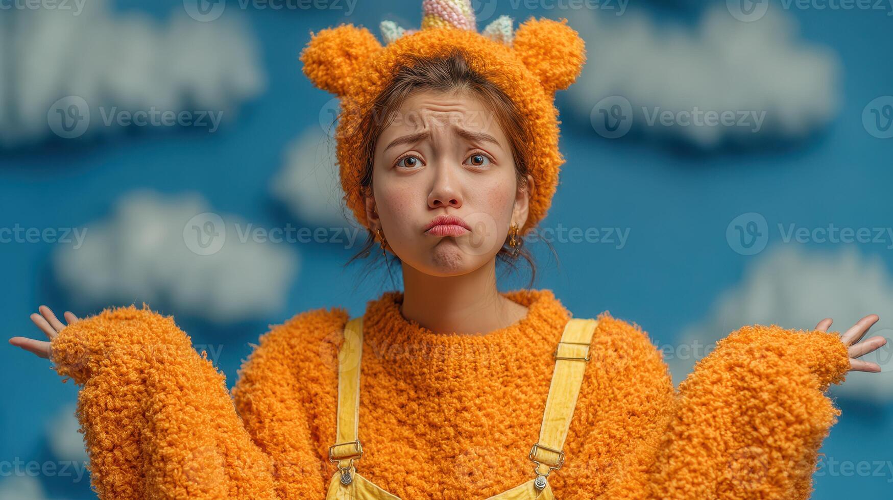 Young girl with bear hat and cozy sweater showing confusion against a colorful backdrop of clouds photo