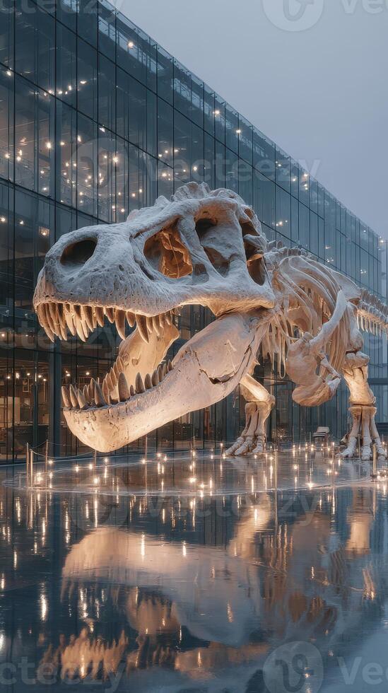 Massive dinosaur skeleton on display in modern museum with glass facade showcasing fascinating ancient creature photo