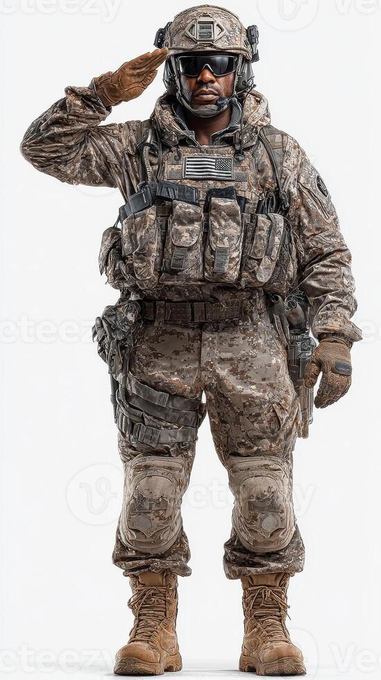 Soldier in tactical gear saluting with respect in a studio setting during daylight photo