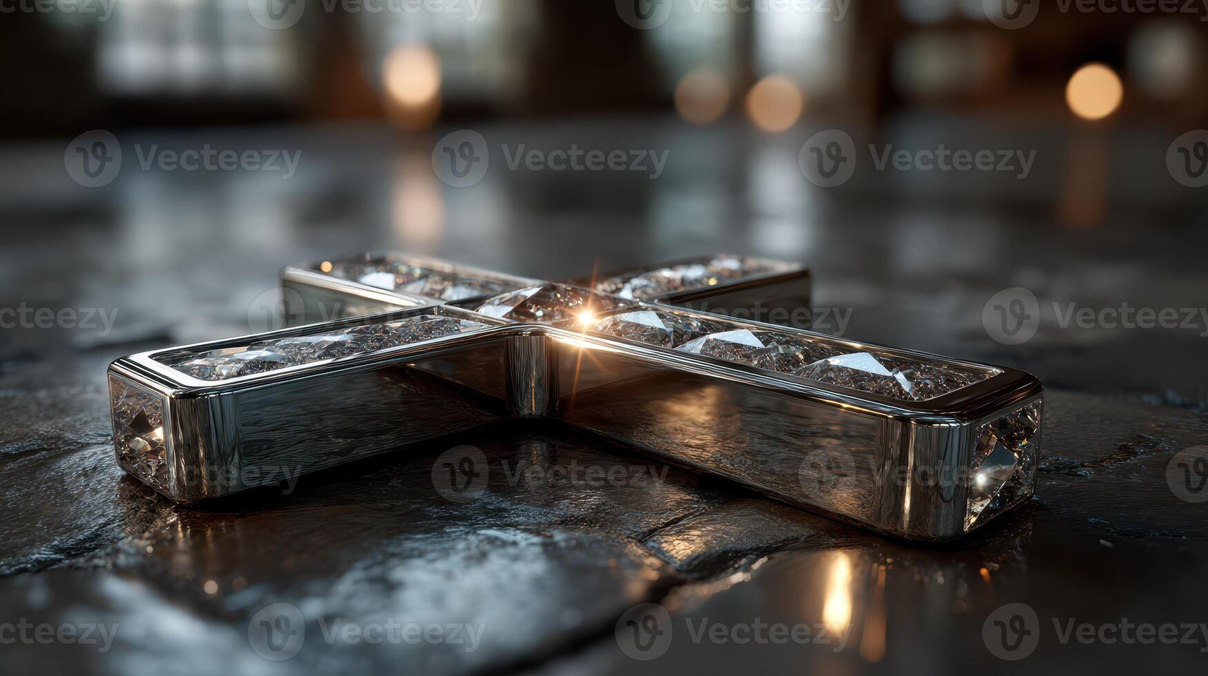 Intricate silver cross adorned with sparkling gems resting on a polished stone surface in warm ambient light photo