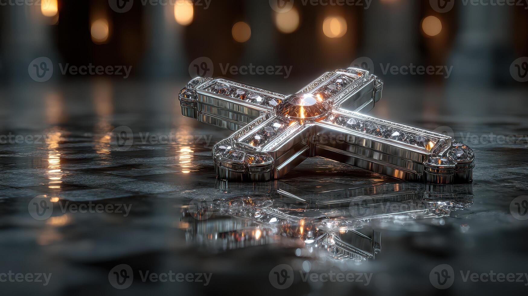 Jewelry cross with sparkling gems laid on a glossy surface in a dimly lit setting, highlighting its elegant craftsmanship and design photo