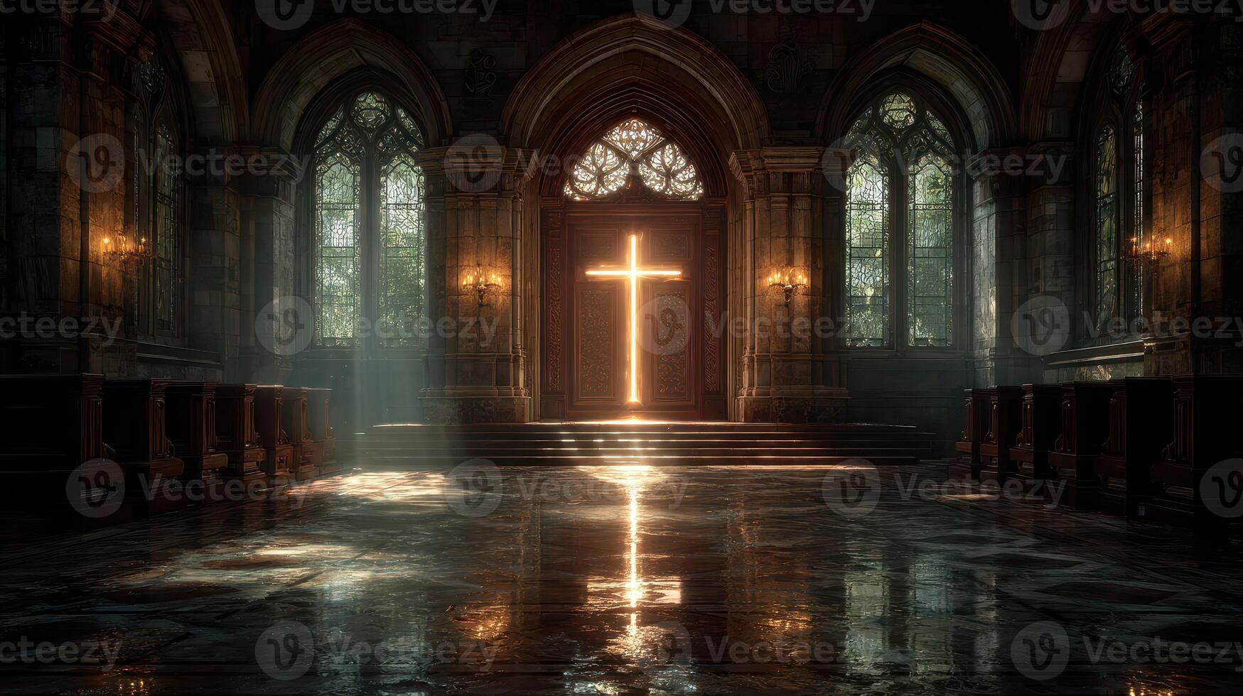 Light shining through stained glass in an ancient chapel creates a serene atmosphere at dusk photo