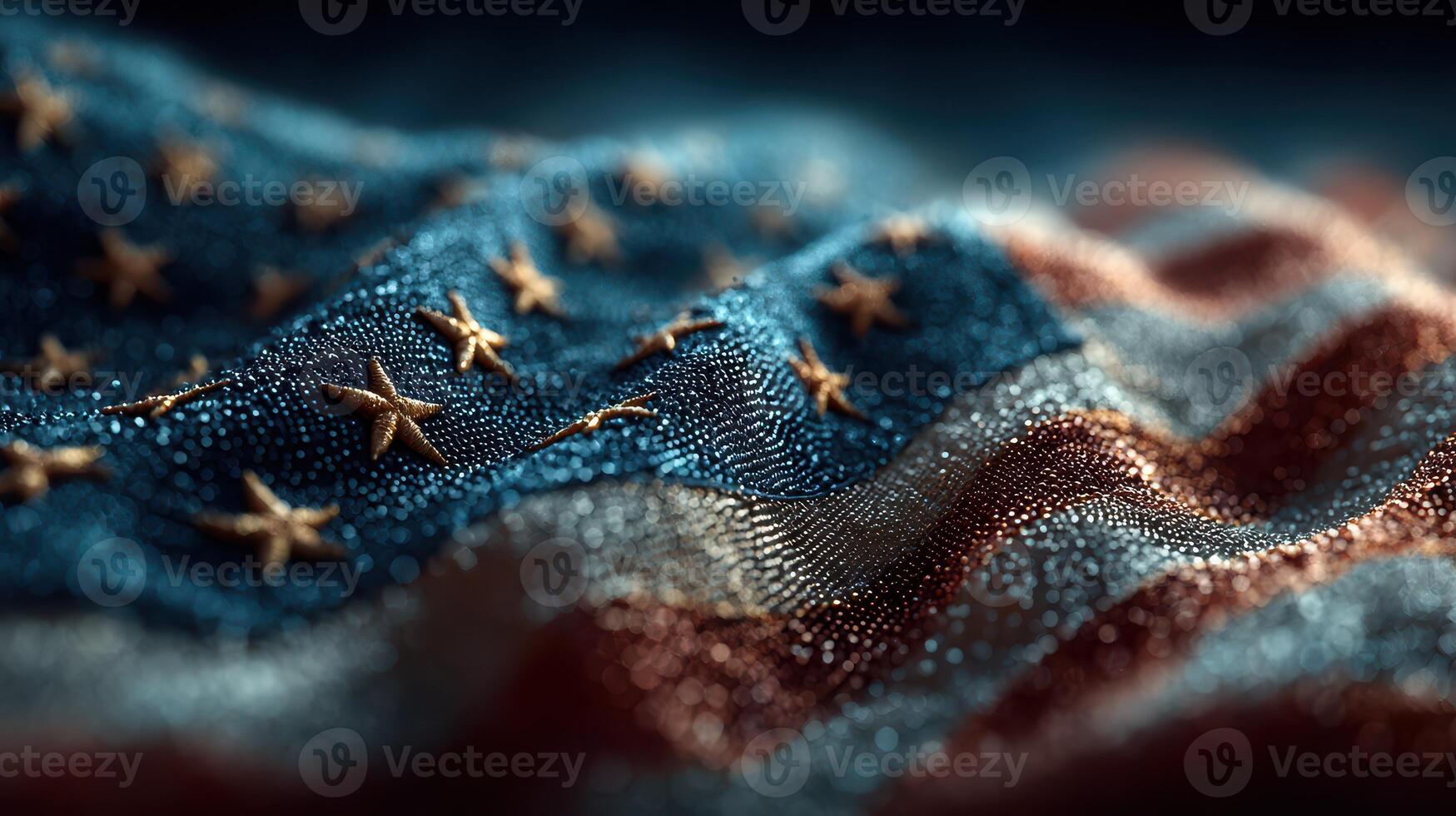 American flag draped with intricate folds and starry patterns reflecting light at close range photo
