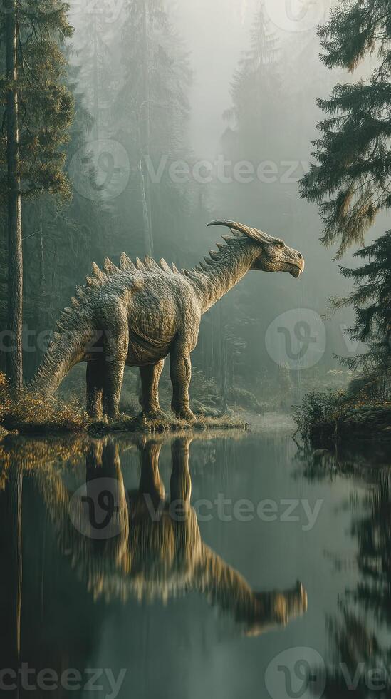 Dinosaur stands near a calm lake surrounded by dense forest during early morning mist photo