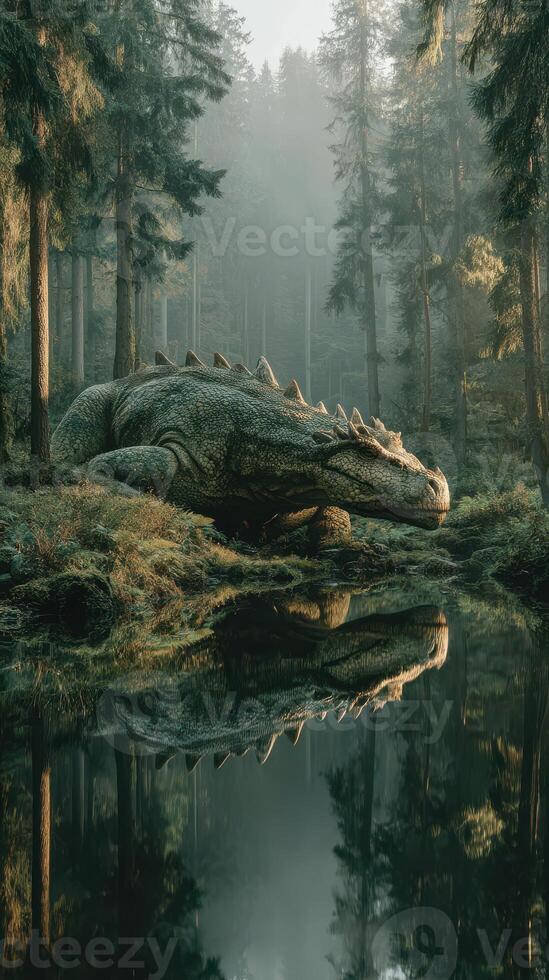 Large dragon resting beside calm forest lake during early morning mist in a tranquil natural setting photo