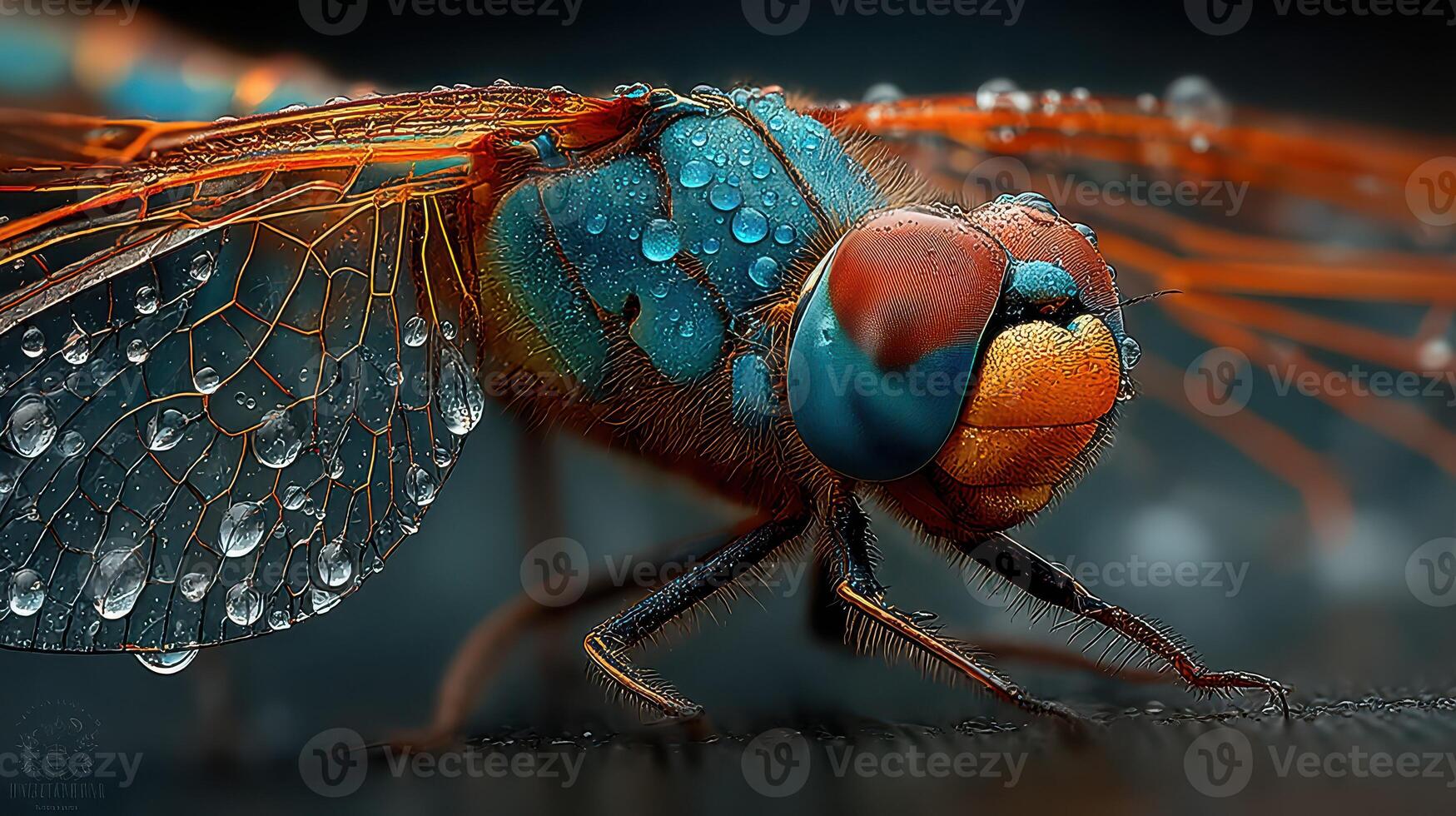 Close-up view of a vibrant dragonfly with water droplets, showcasing intricate details of its wings and body on a dark surface photo