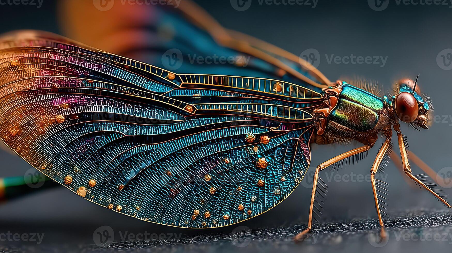 Stunning close-up captures the intricate details of a dragonfly's wings in vibrant colors and textures photo