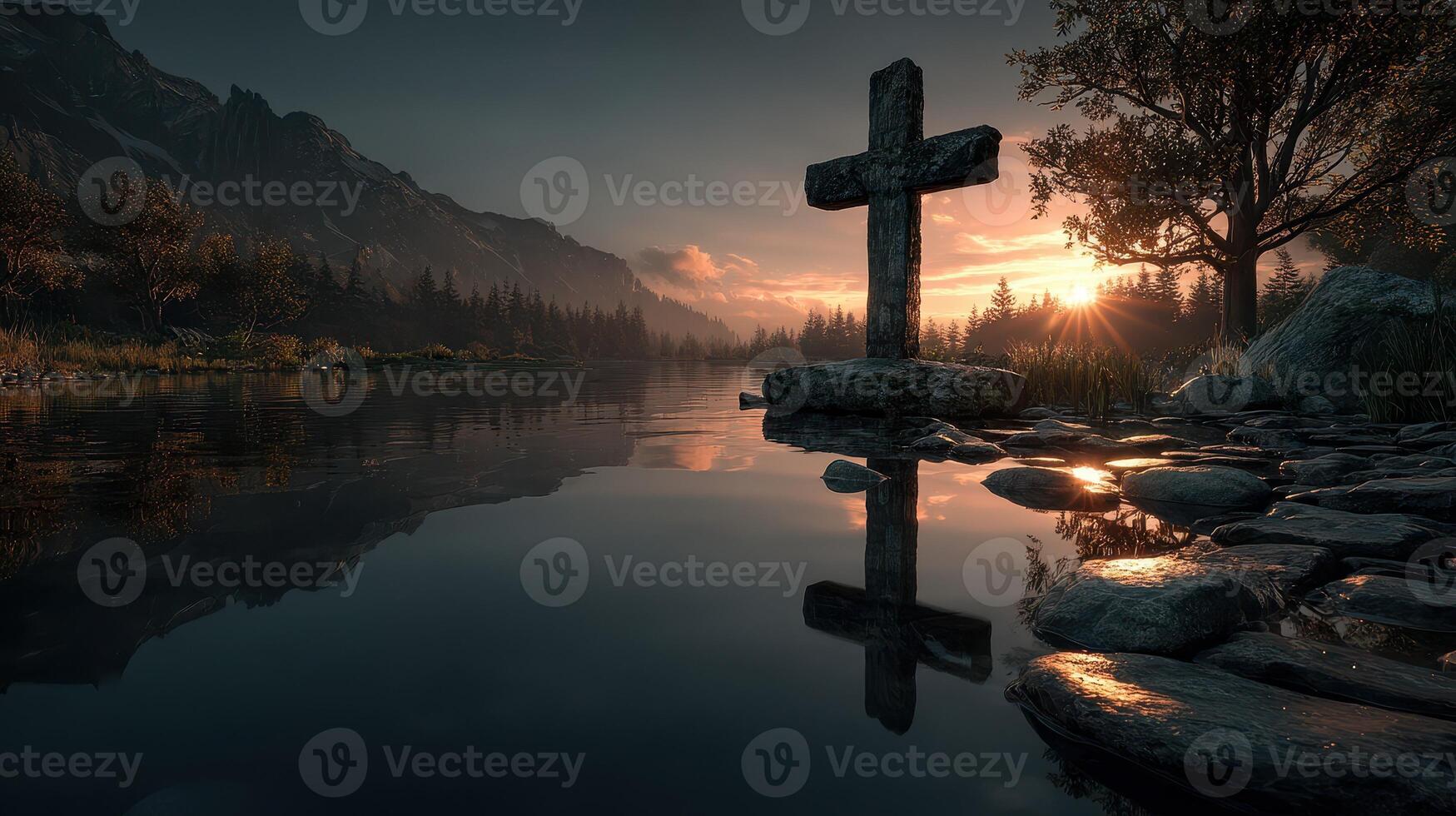 Reflection of a stone cross at sunset by a calm lake surrounded by mountains and trees photo