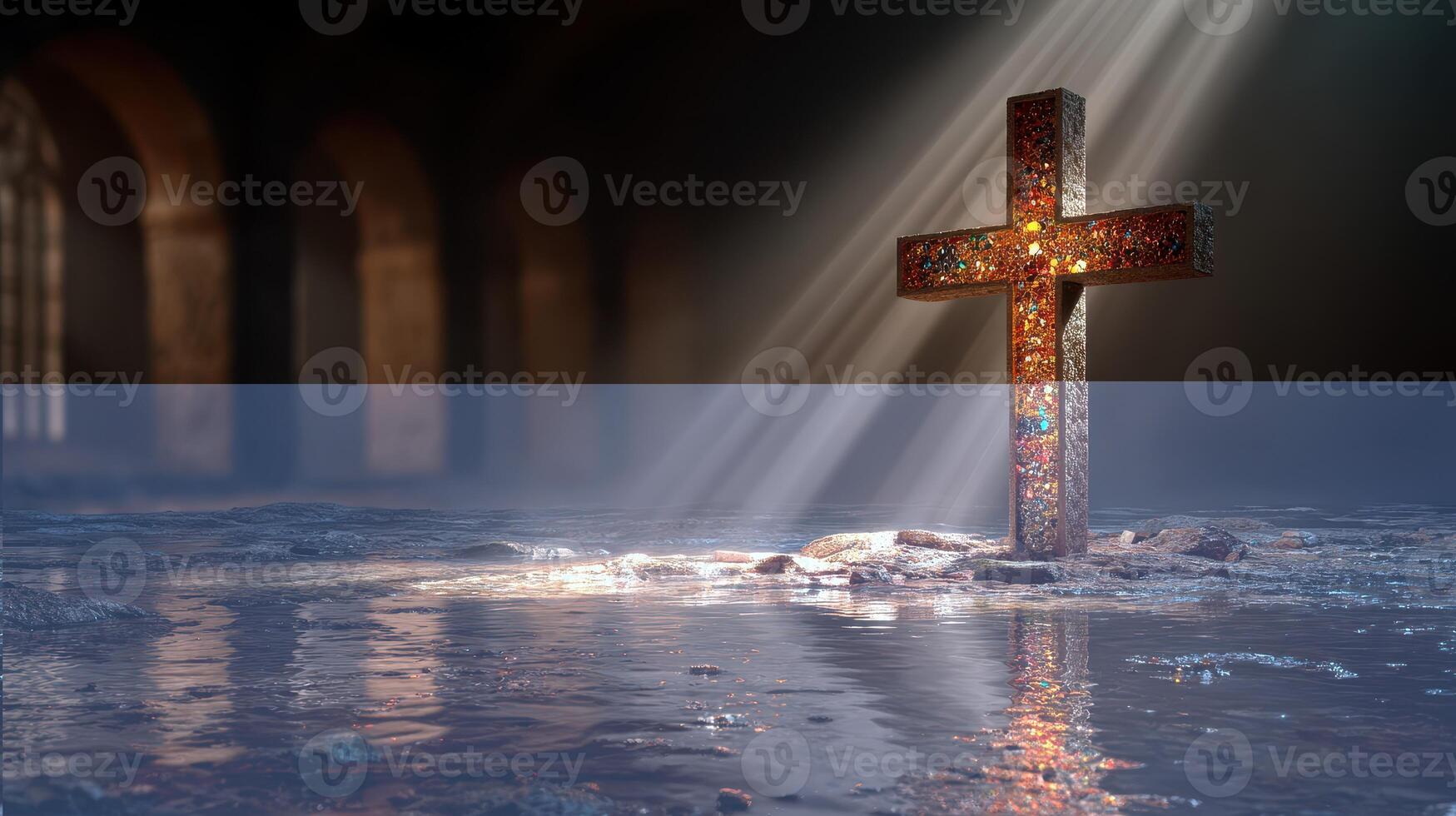 Cross illuminated by soft rays of light in a dark, atmospheric setting within an old stone building photo