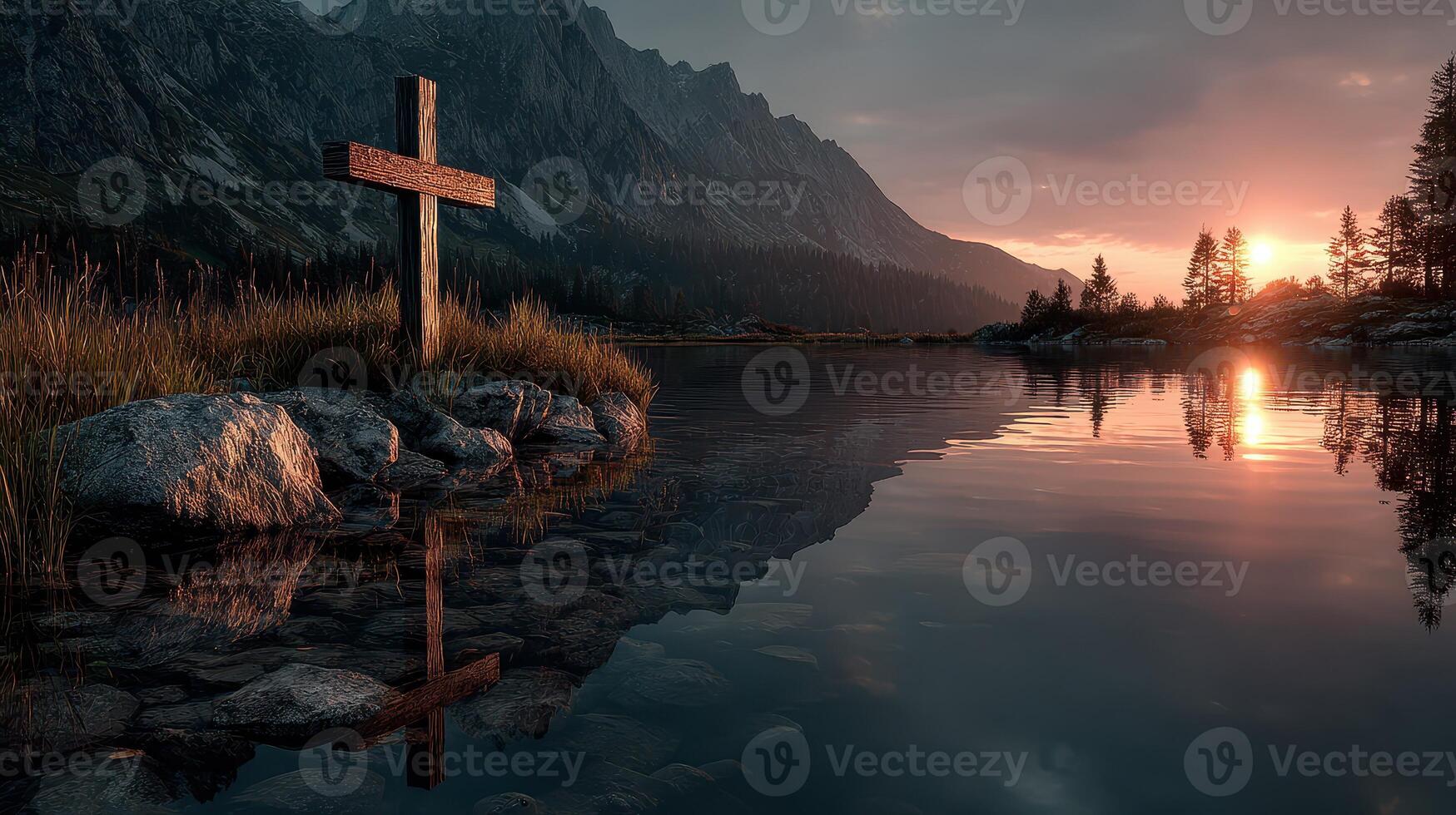 Serene lake sunset with wooden cross reflection and majestic mountains in the background photo