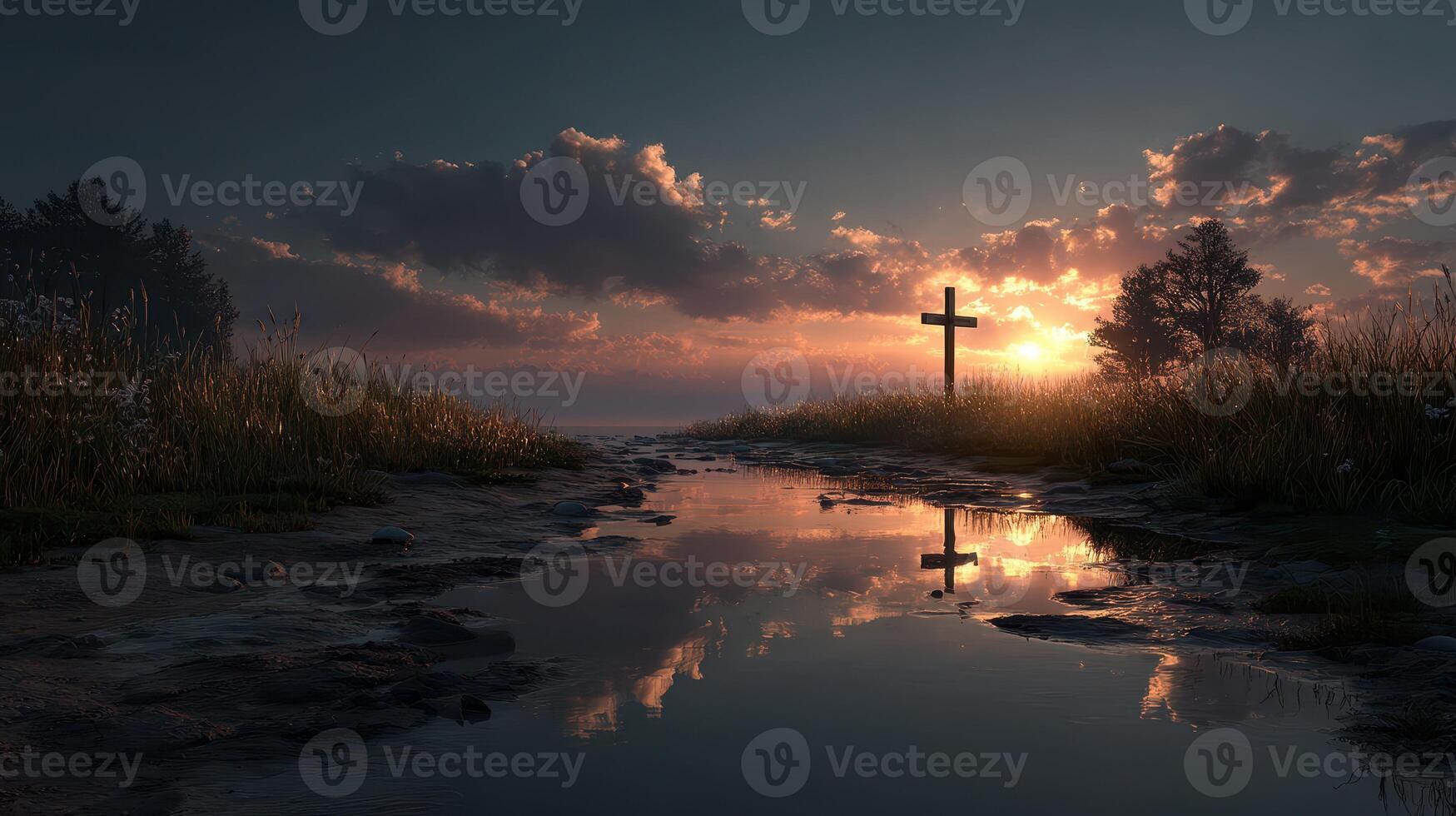 Beautiful sunset over a serene lake with a cross silhouette reflecting in calm water photo