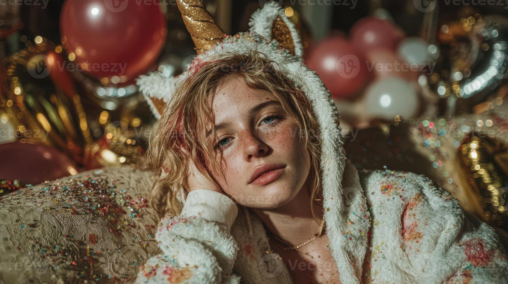 Young girl wearing unicorn hoodie relaxes among colorful balloons and decorations at a lively celebration photo