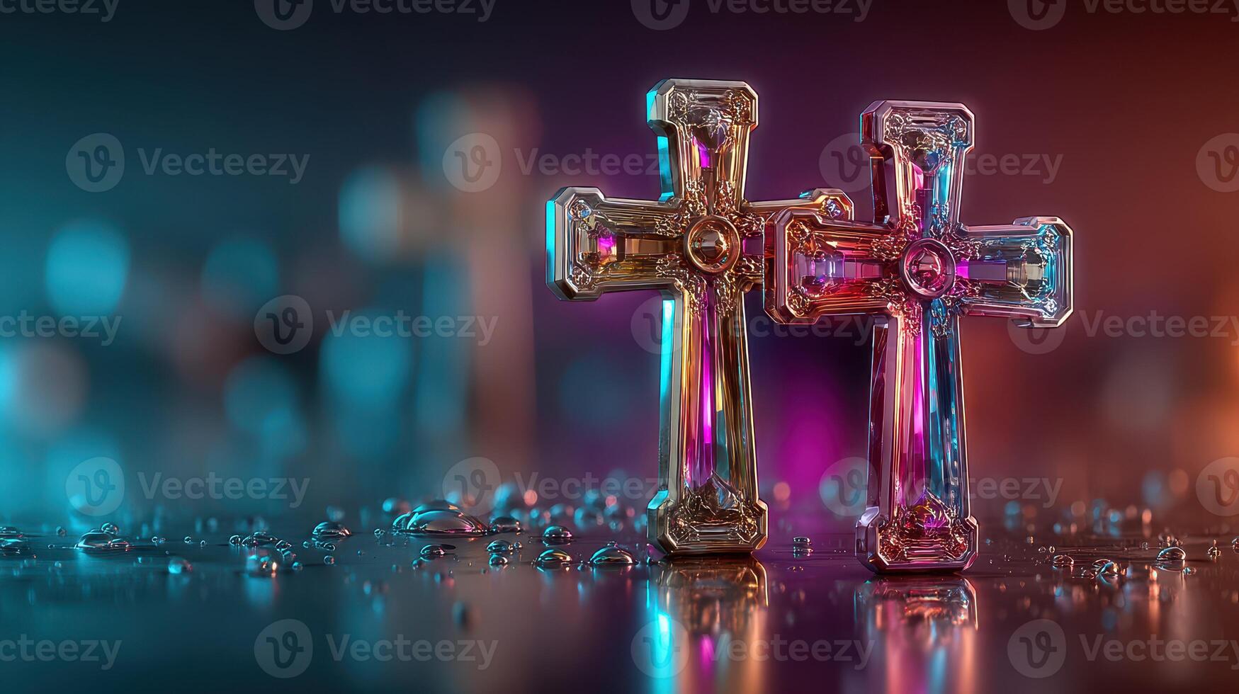 Colorful glass crosses glisten with droplets on a reflective surface during twilight photo