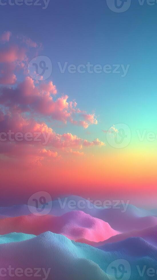 Vibrant sunset casting colorful hues over rolling hills with soft clouds in the sky photo