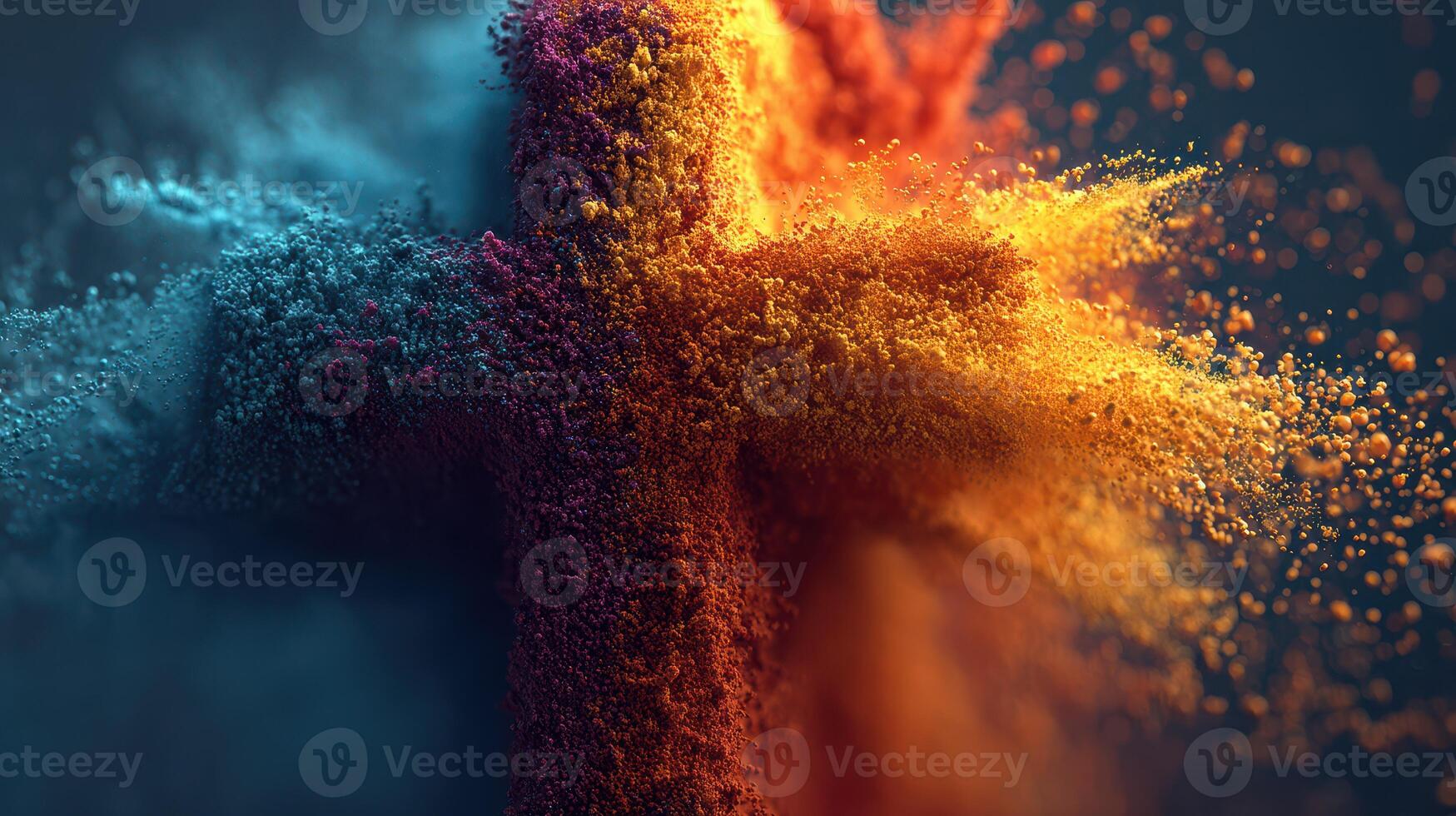 Colorful explosion of powder forming a cross shape in an abstract artistic display photo