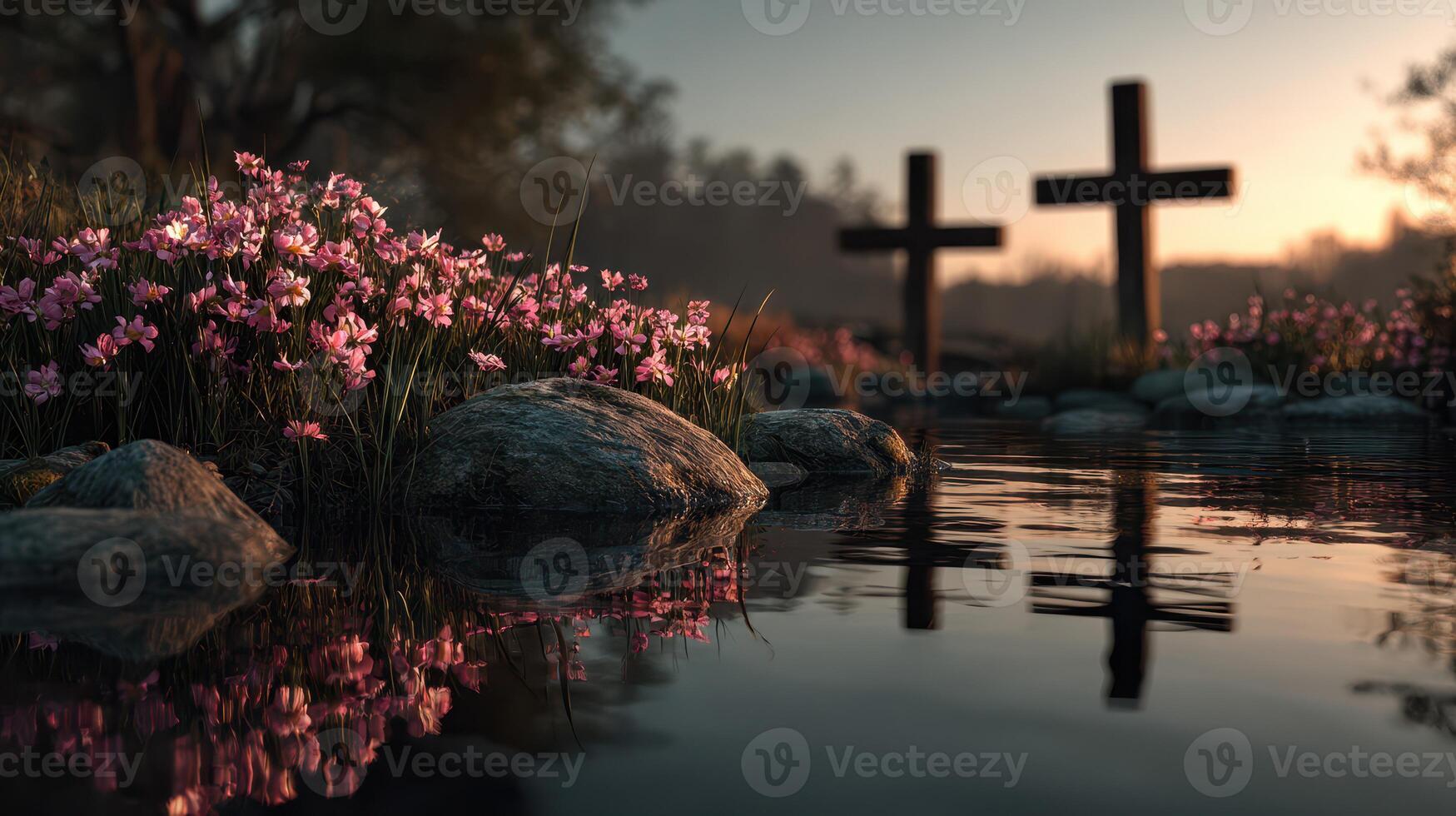 Serene twilight at a peaceful graveyard with blooming flowers near calm waters photo