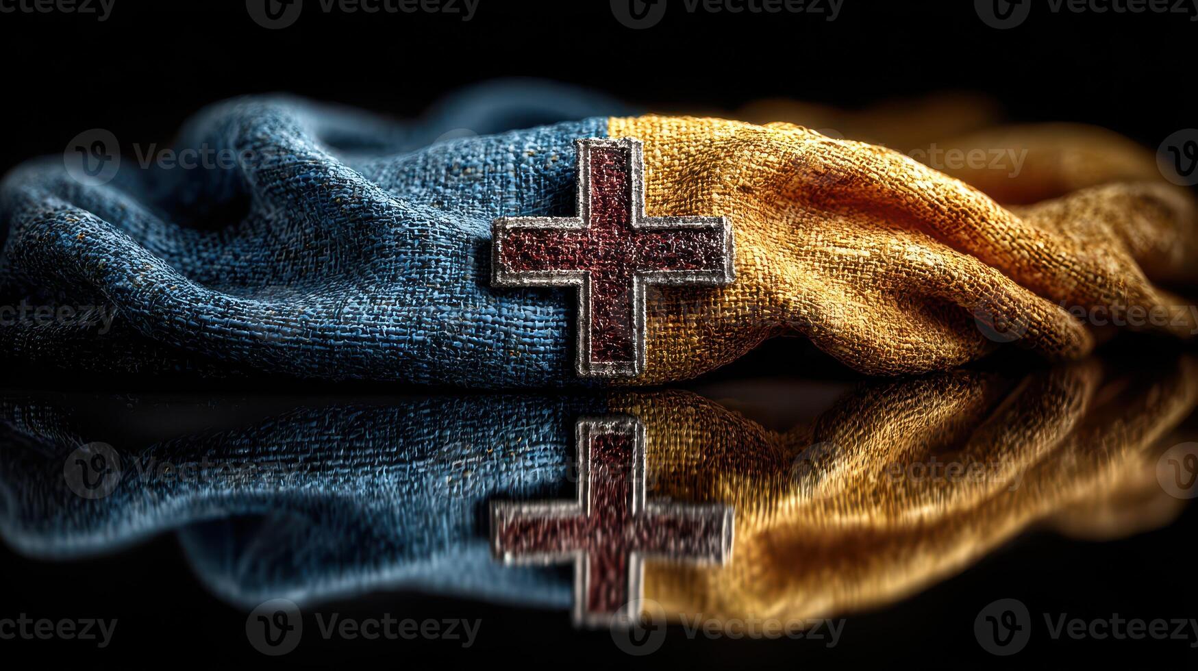 Ukrainian flag with a cross symbol reflecting on a dark surface during a solemn moment of remembrance photo