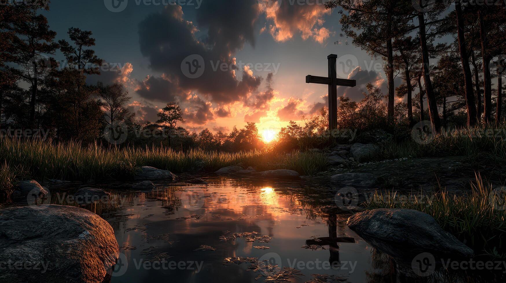 Sunset reflection over a tranquil pond with a cross in a serene forest setting photo